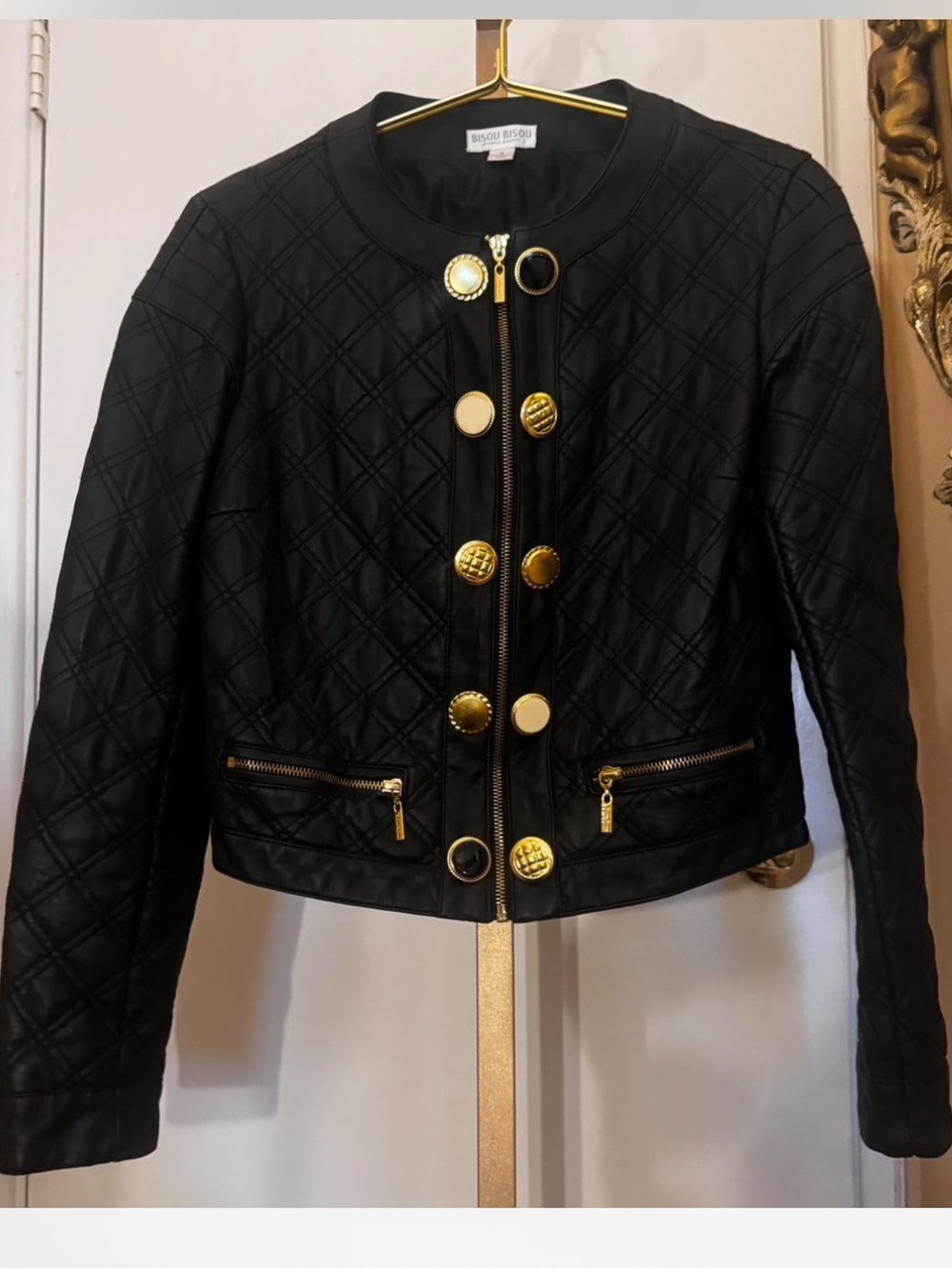 Quilted faux leather jacket cropped with large gold buttons statement piece